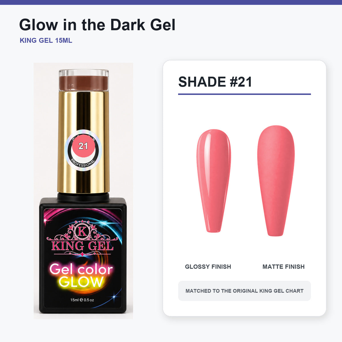 48 Colors Glow in the Dark Gel Collection - KingGel Brand - Shade 21 bottle and chart-matched color - Studio V2