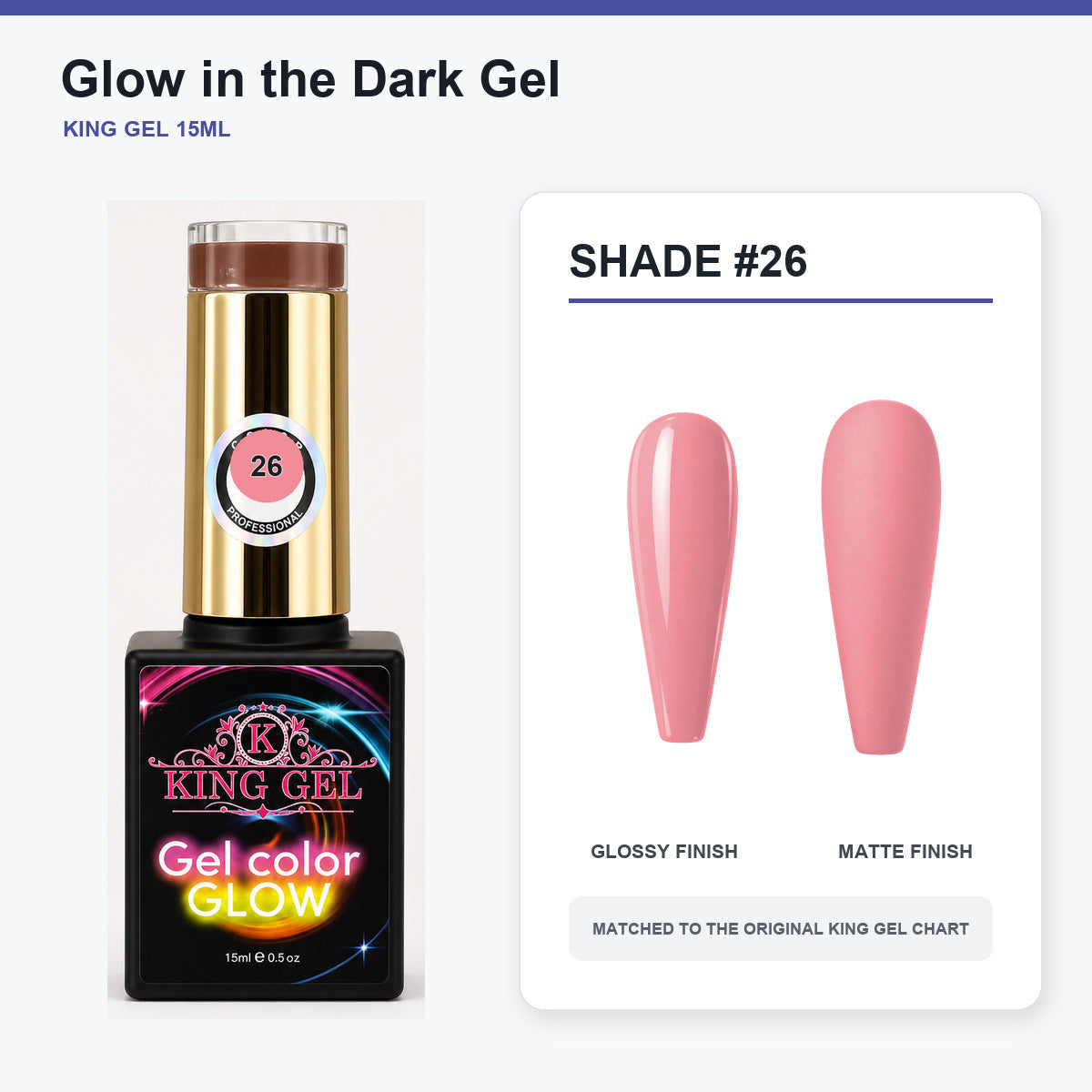 48 Colors Glow in the Dark Gel Collection - KingGel Brand - Shade 26 bottle and chart-matched color - Studio V2