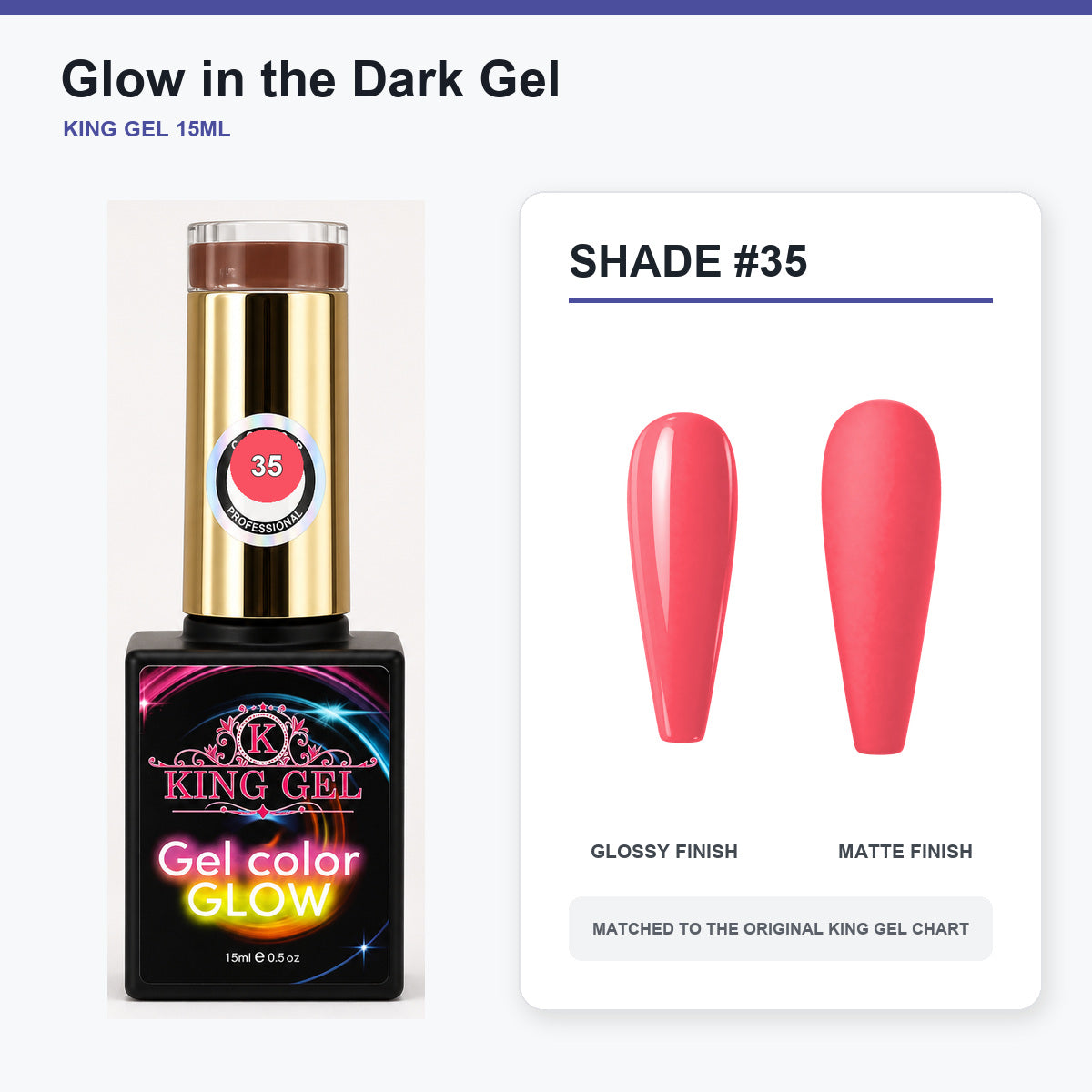 48 Colors Glow in the Dark Gel Collection - KingGel Brand - Shade 35 bottle and chart-matched color - Studio V2