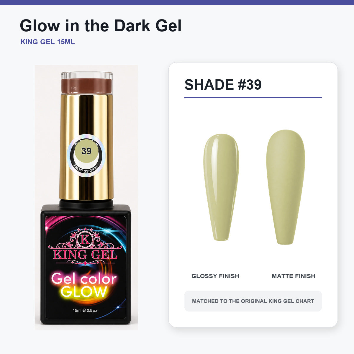 48 Colors Glow in the Dark Gel Collection - KingGel Brand - Shade 39 bottle and chart-matched color - Studio V2