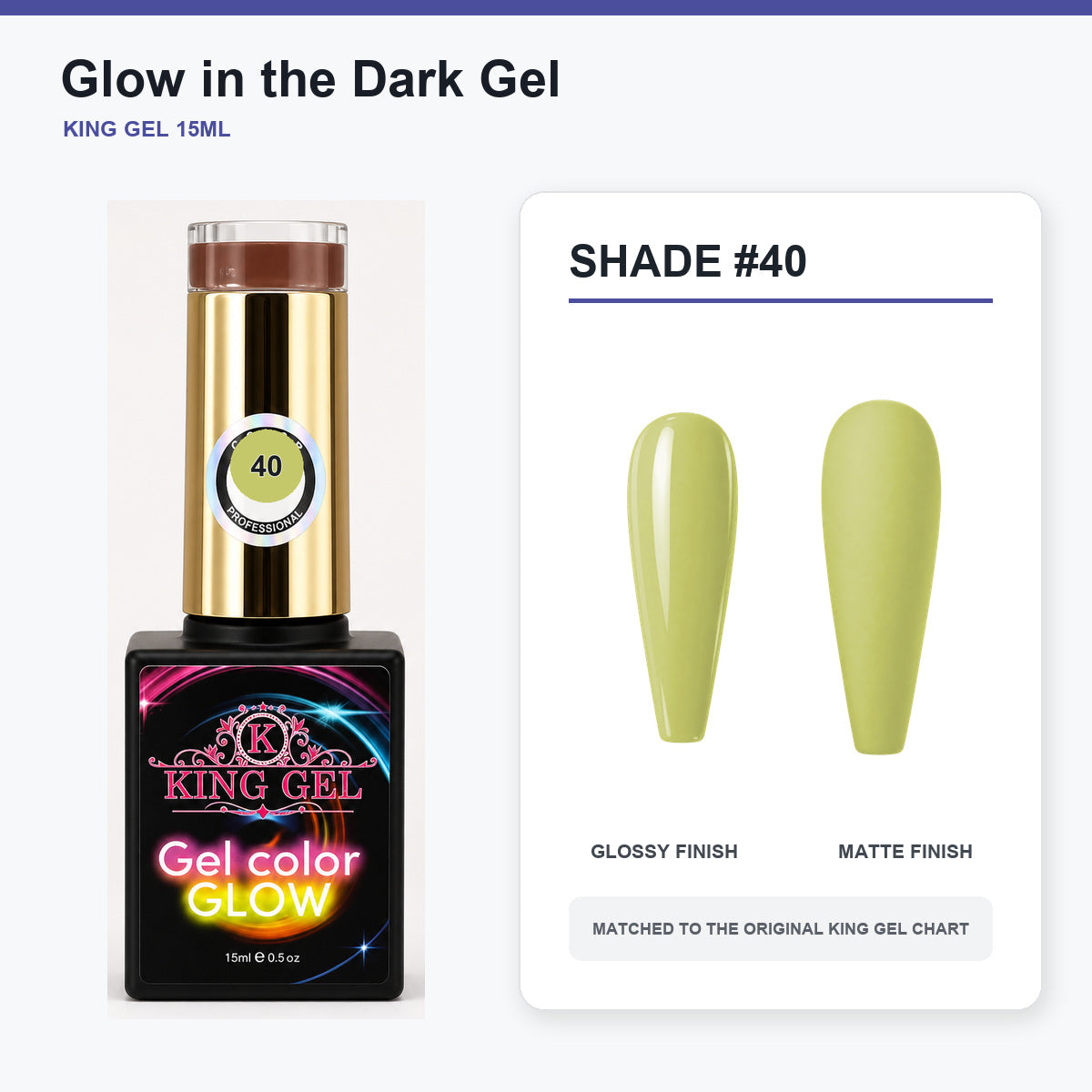 48 Colors Glow in the Dark Gel Collection - KingGel Brand - Shade 40 bottle and chart-matched color - Studio V2