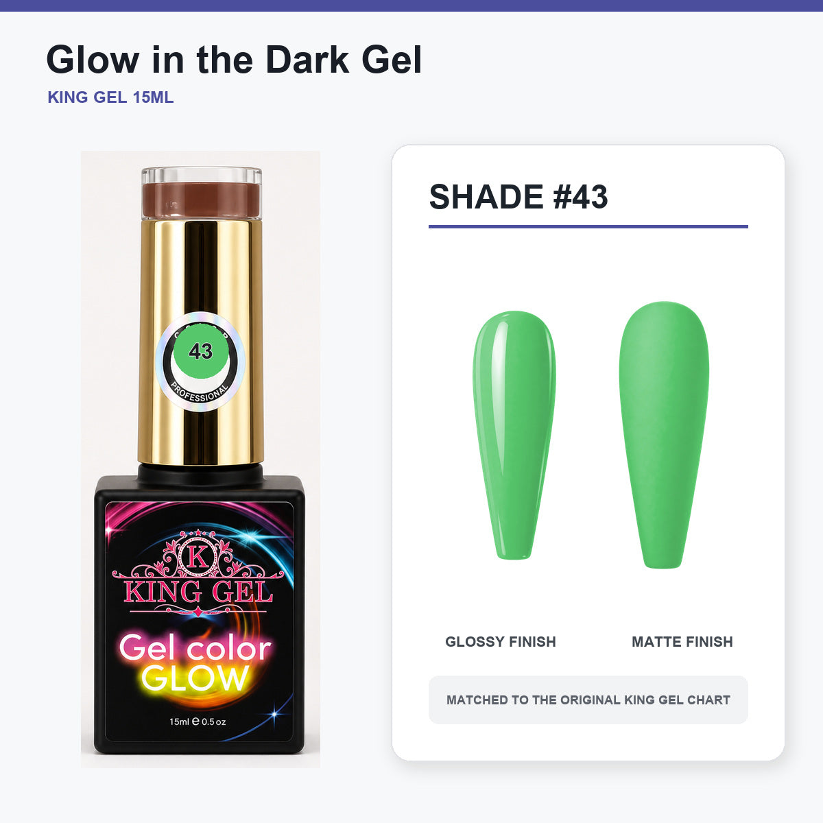 48 Colors Glow in the Dark Gel Collection - KingGel Brand - Shade 43 bottle and chart-matched color - Studio V2