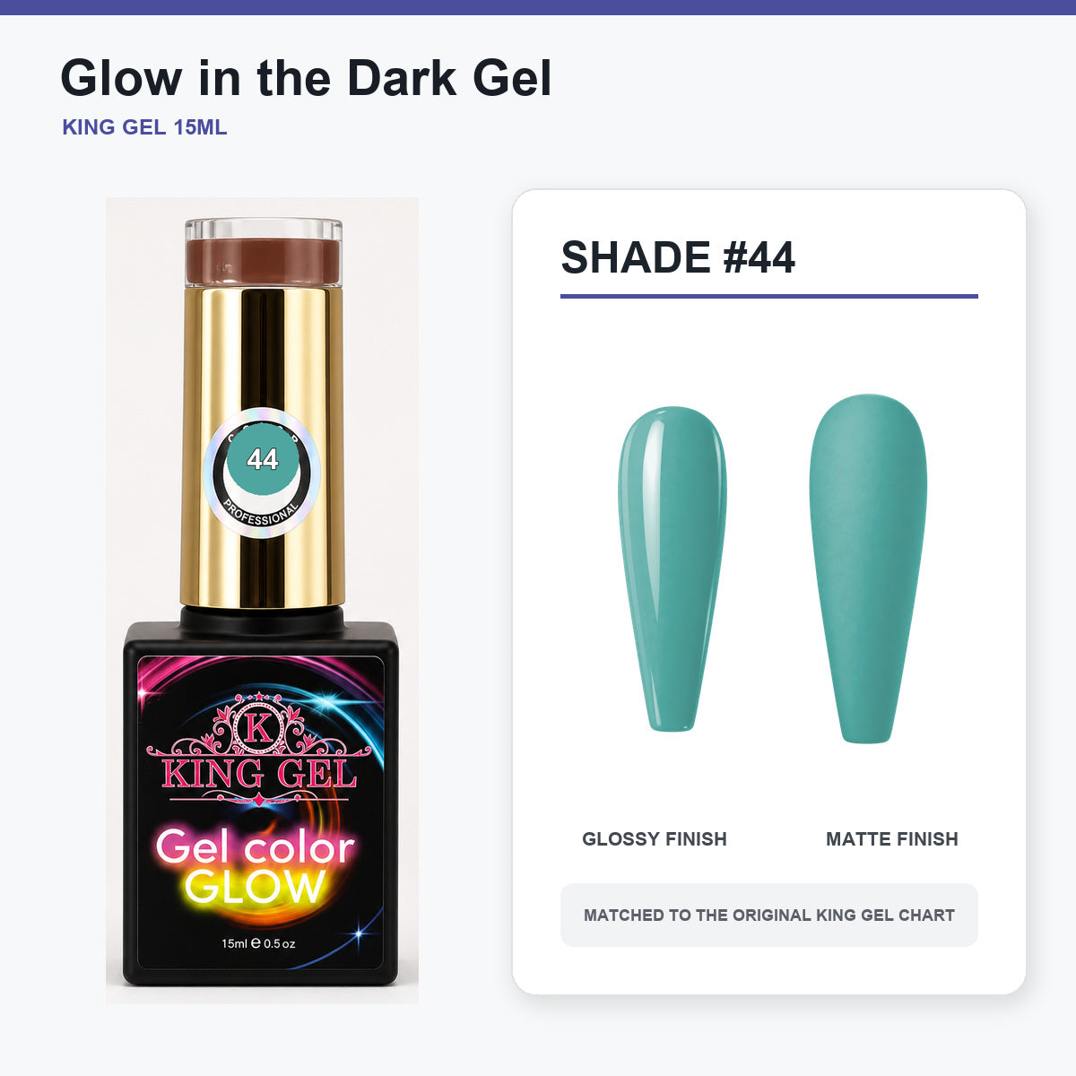 48 Colors Glow in the Dark Gel Collection - KingGel Brand - Shade 44 bottle and chart-matched color - Studio V2