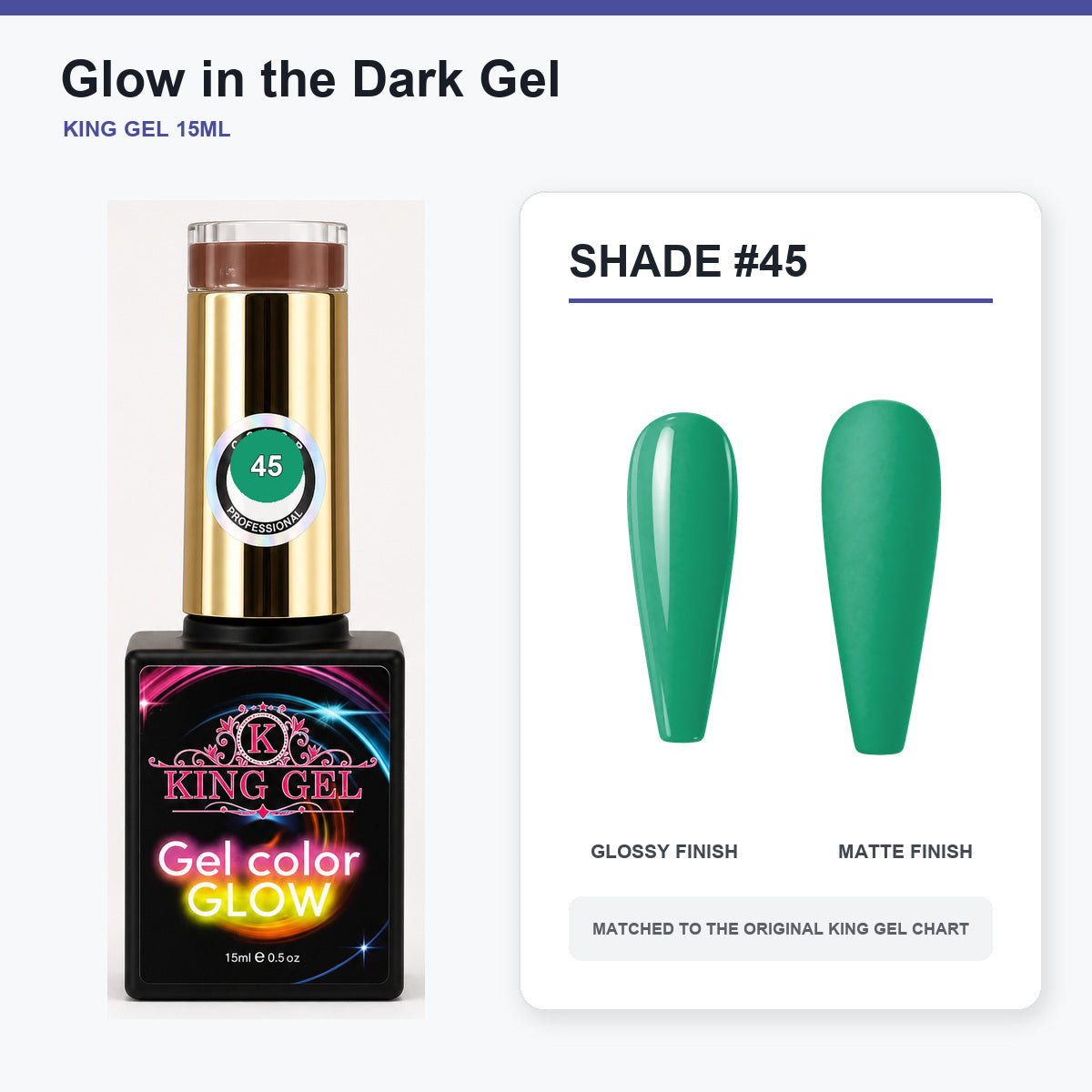 48 Colors Glow in the Dark Gel Collection - KingGel Brand - Shade 45 bottle and chart-matched color - Studio V2