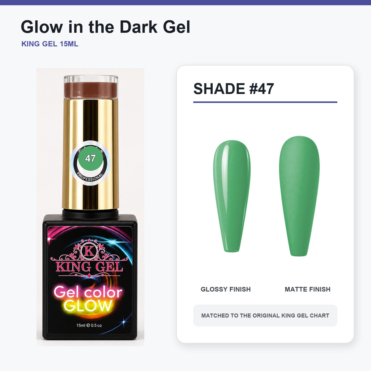 48 Colors Glow in the Dark Gel Collection - KingGel Brand - Shade 47 bottle and chart-matched color - Studio V2