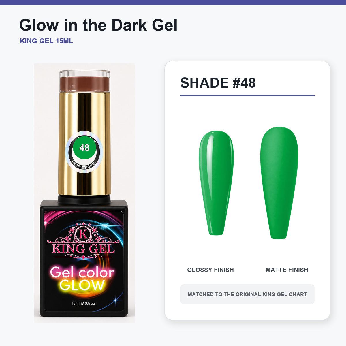 48 Colors Glow in the Dark Gel Collection - KingGel Brand - Shade 48 bottle and chart-matched color - Studio V2