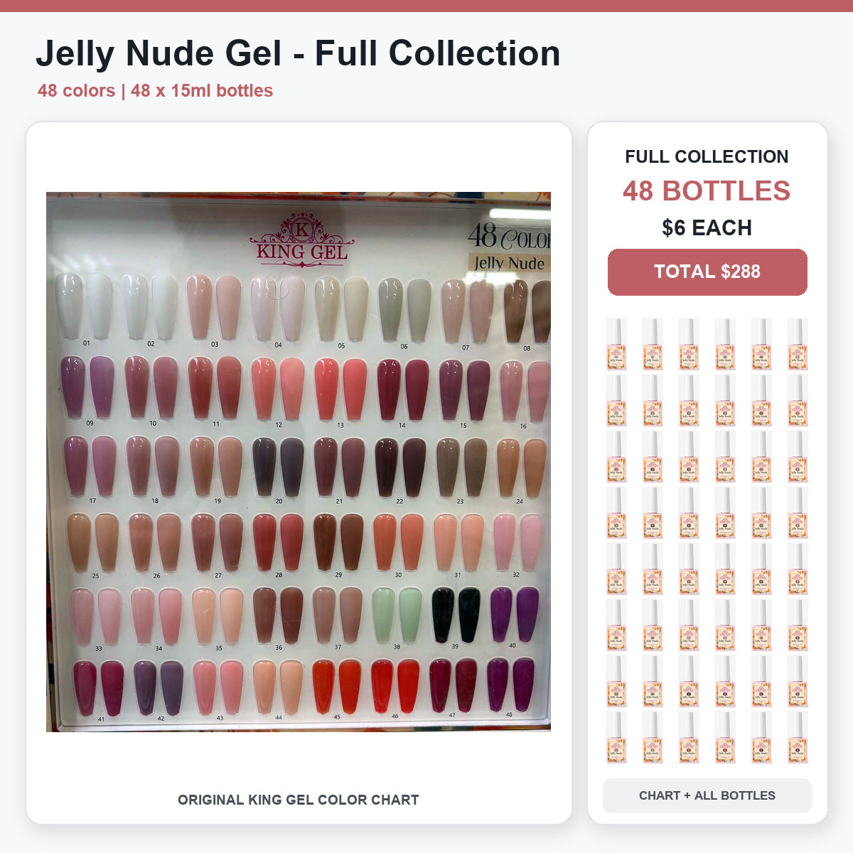 48 Colors Jelly Nude Gel Collection - KingGel Brand - Full Collection color chart and all bottles - Studio V2