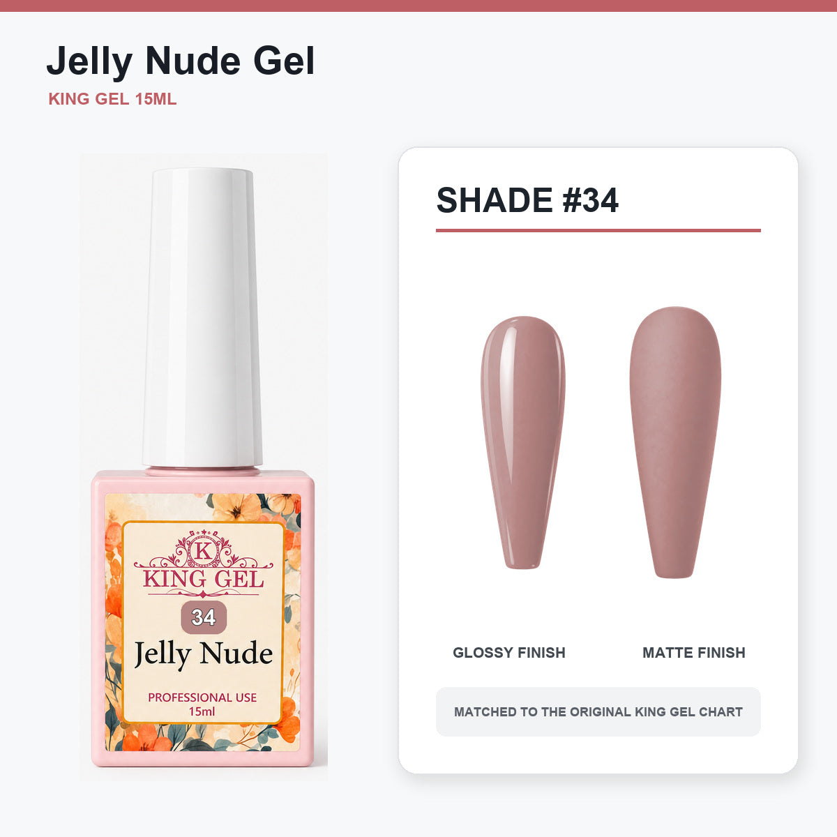48 Colors Jelly Nude Gel Collection - KingGel Brand - Shade 34 bottle and chart-matched color - Studio V2