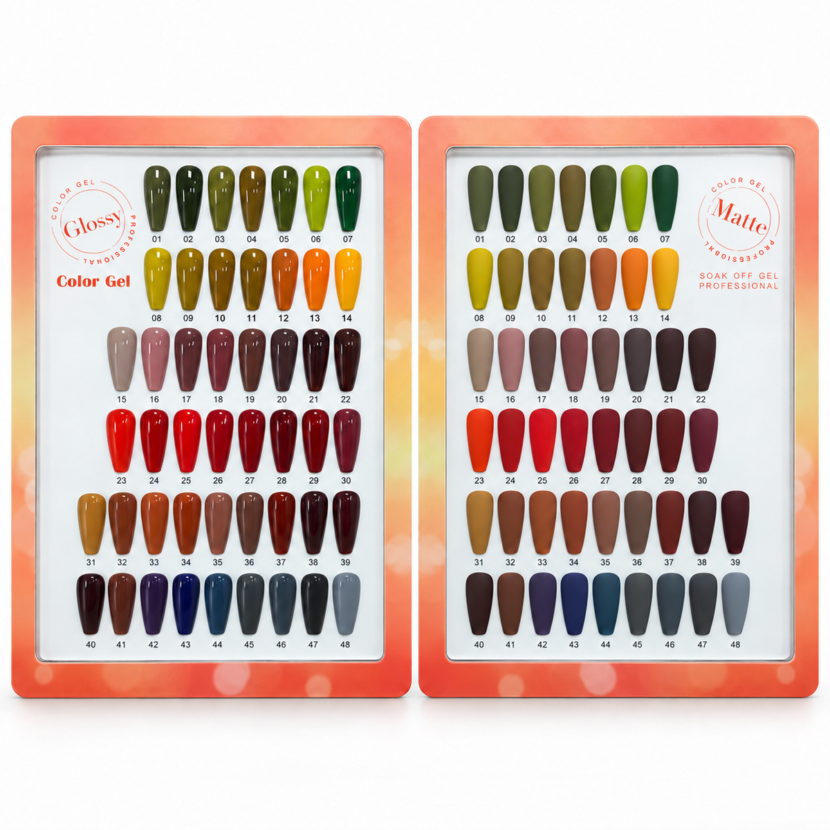 KingGel Fall Winter Gel full 48-color studio chart, all numbered shades in glossy and matte finishes