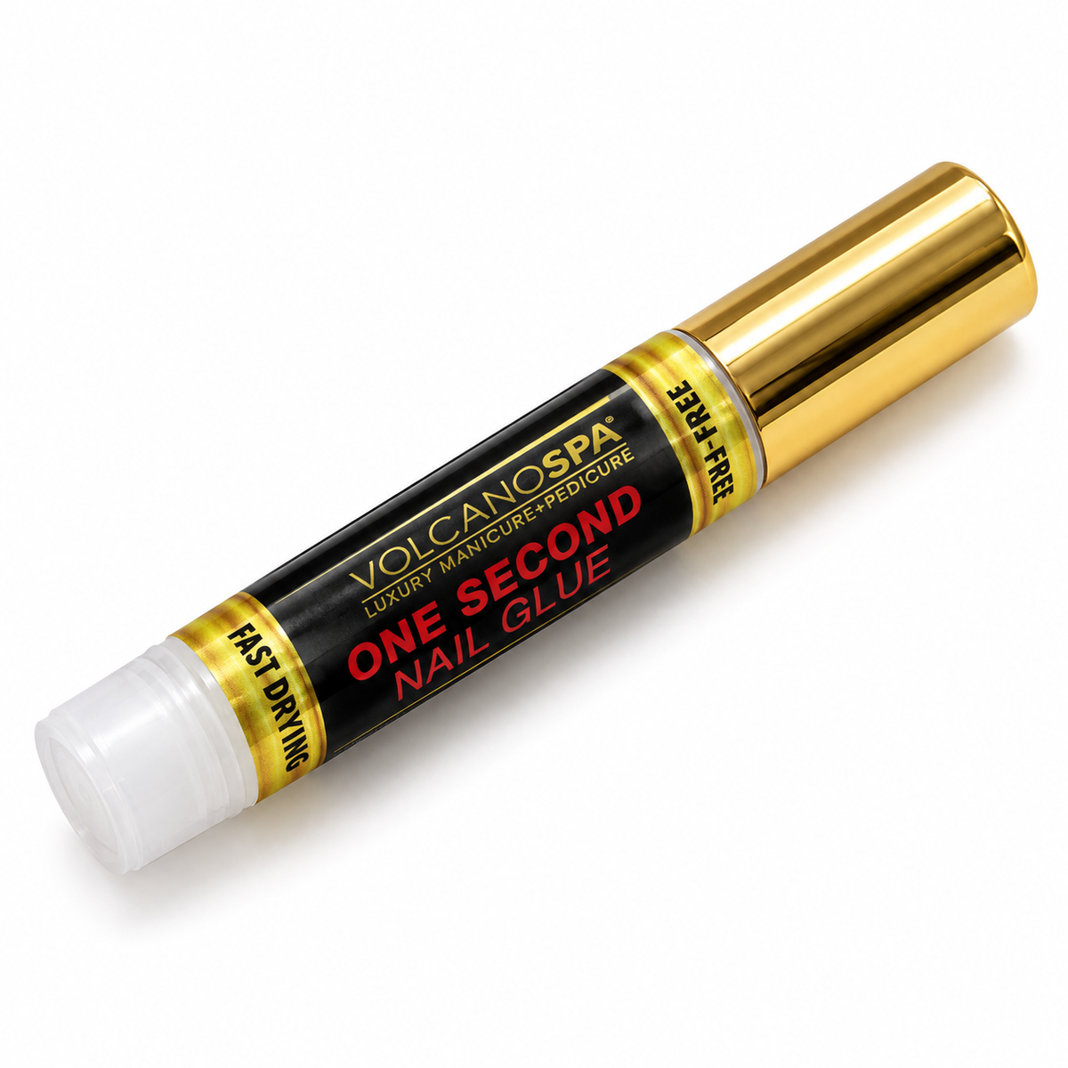 LaPalm VolcanoSpa One Second Nail Glue tube detail with gold cap; sold in 10-piece packs or 250-piece boxes