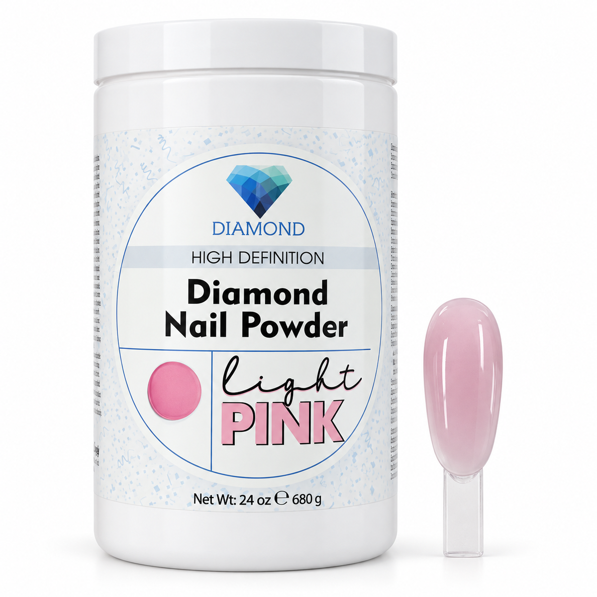 Diamond Light Pink acrylic nail powder, 24 oz jar with matching nail swatch on a white background.