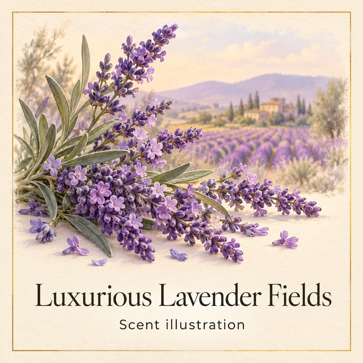Luxurious Lavender Fields scent illustration; illustrative scent selection artwork, not a product or packaging photo.