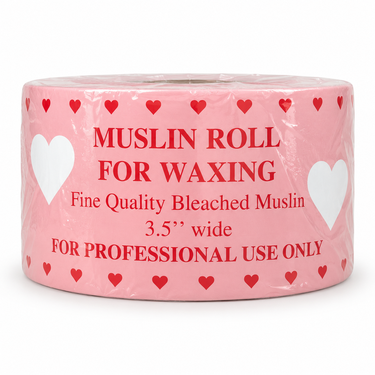Bleached muslin waxing roll, 3.5 inches wide, in pink heart-pattern packaging