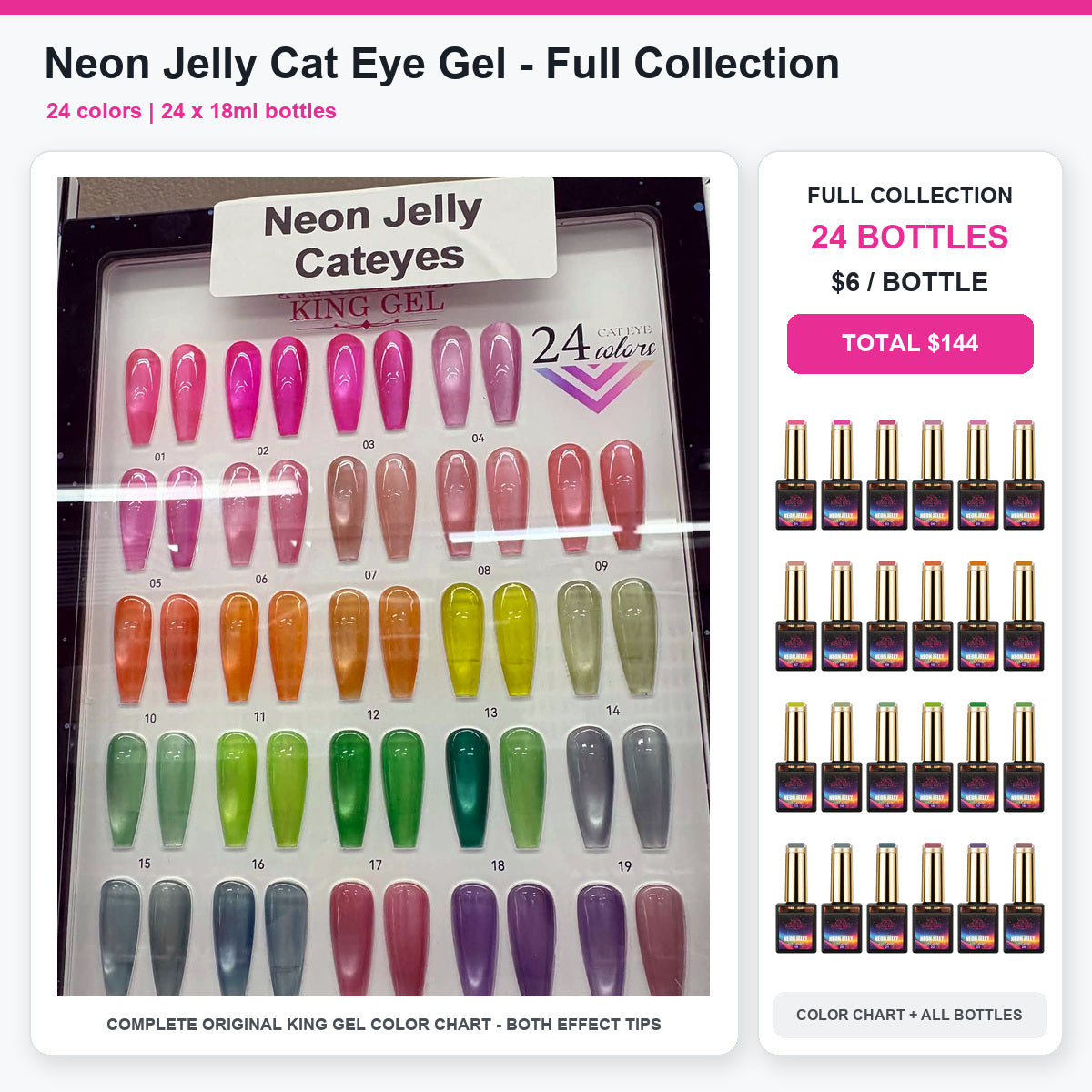 24 Colors Neon Jelly Cat Eye Gel Collection - KingGel Brand - Full Collection color chart and all bottles - Studio V2