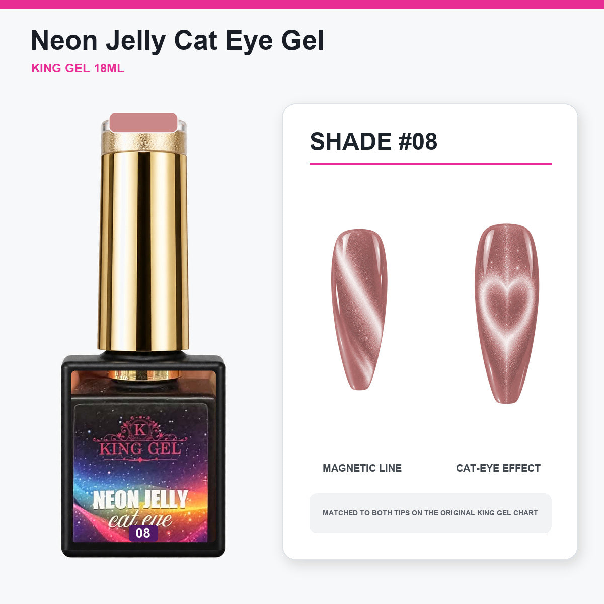 24 Colors Neon Jelly Cat Eye Gel Collection - KingGel Brand - Shade 8 bottle and chart-matched color - Studio V2