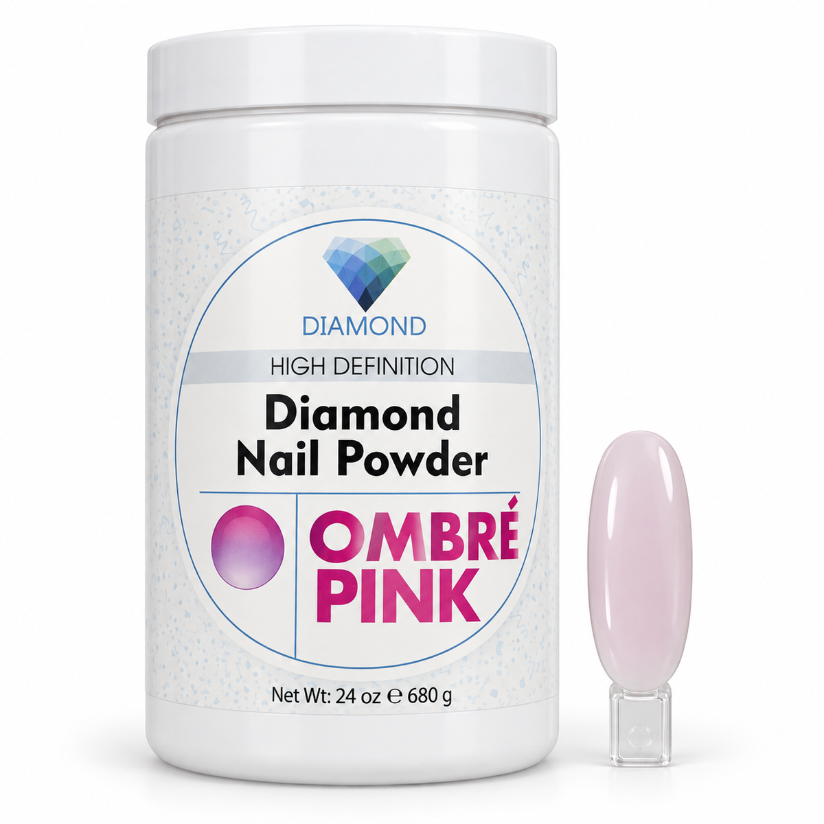 Diamond Ombré Pink acrylic nail powder, 24 oz jar with matching nail swatch on a white background.