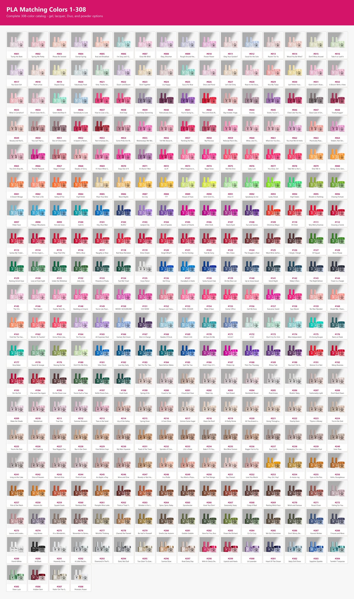 PLA Matching Colors 1-308 - Gel, Lacquer, Duo & Powder - Complete 308 Color Overview