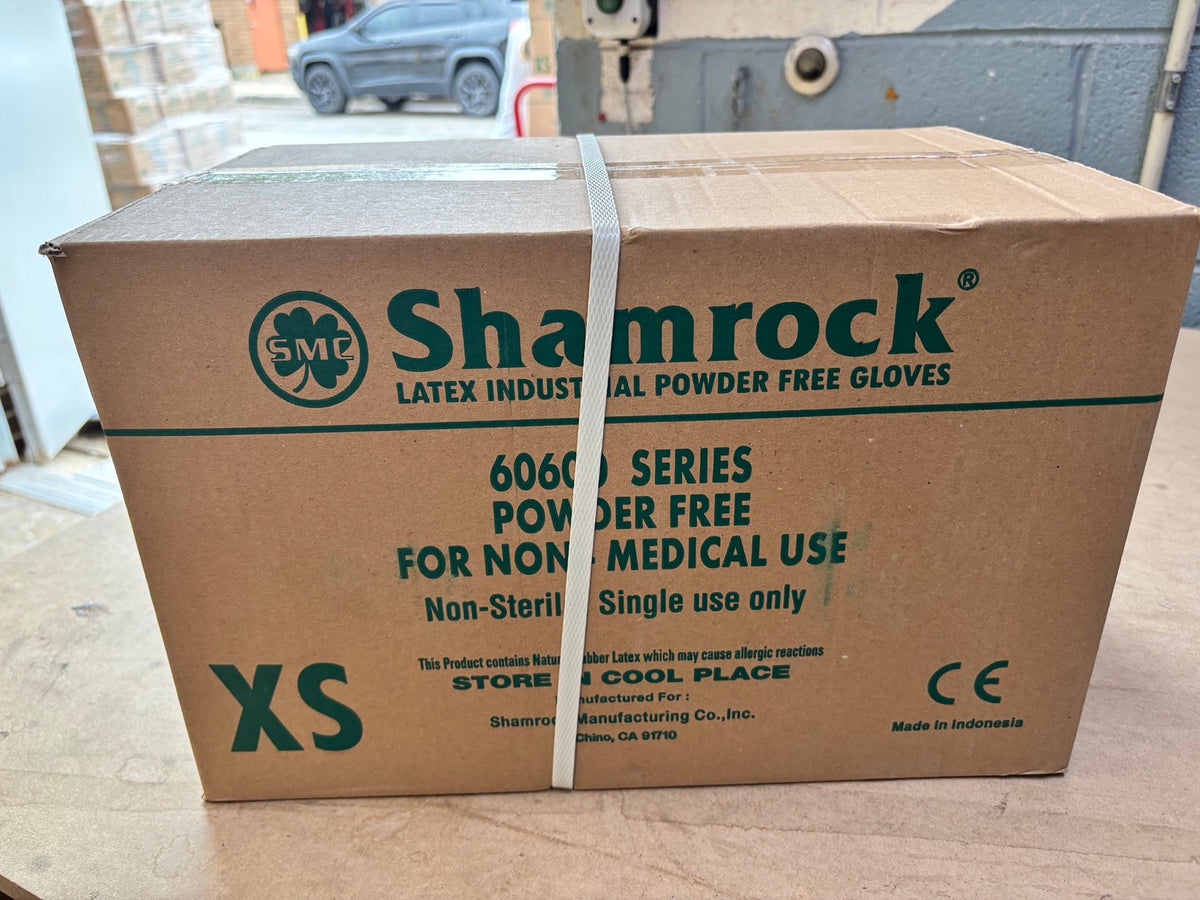 Shamrock 60600 Series industrial powder-free latex glove case; XS carton shown