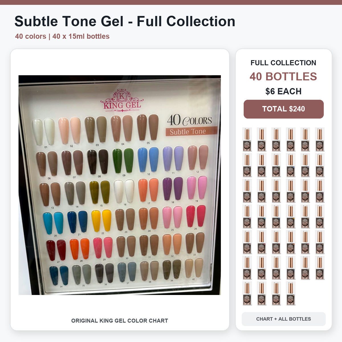 40 Colors Subtle Tone Gel Collection - KingGel Brand - Full Collection color chart and all bottles - Studio V2