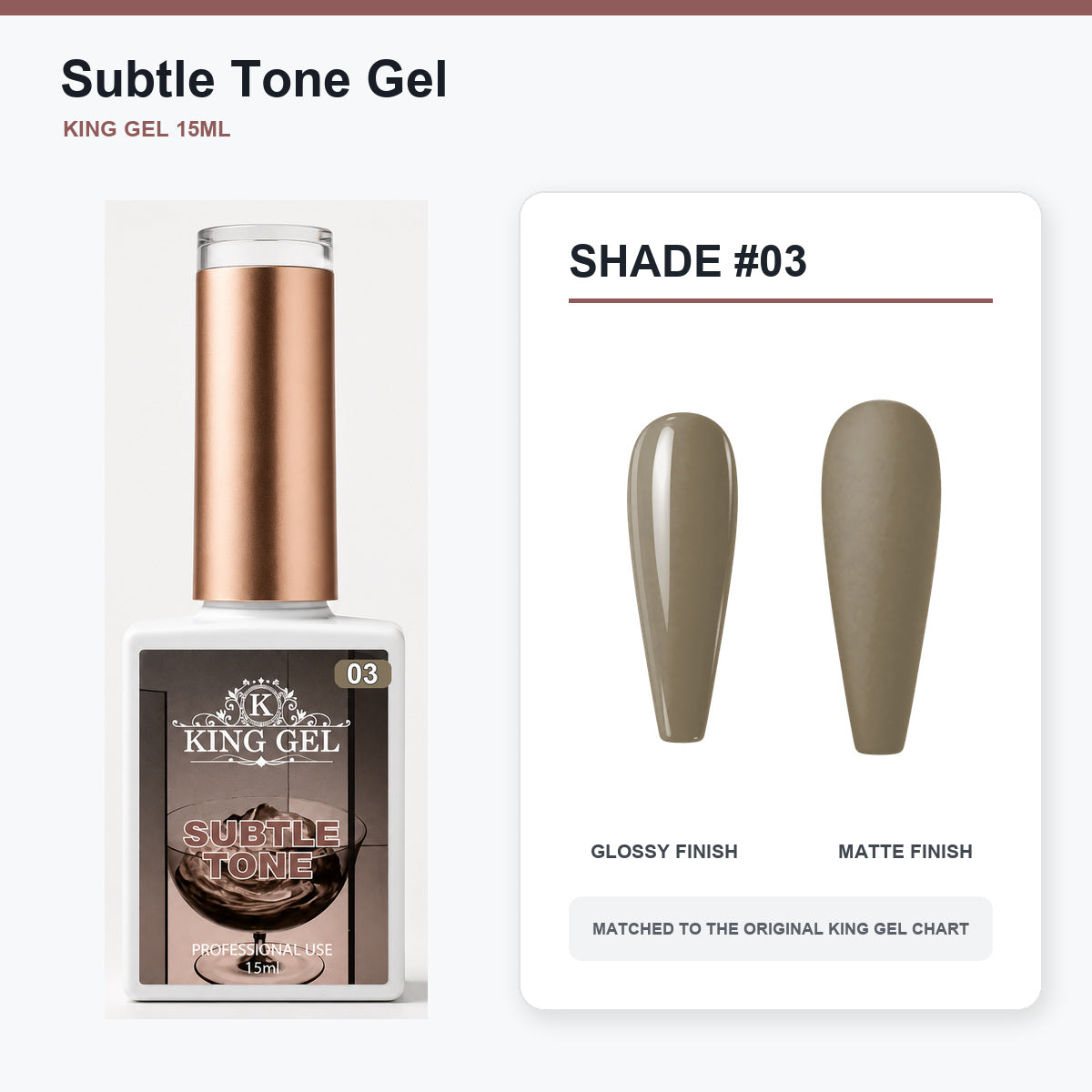 40 Colors Subtle Tone Gel Collection - KingGel Brand - Shade 3 bottle and chart-matched color - Studio V2