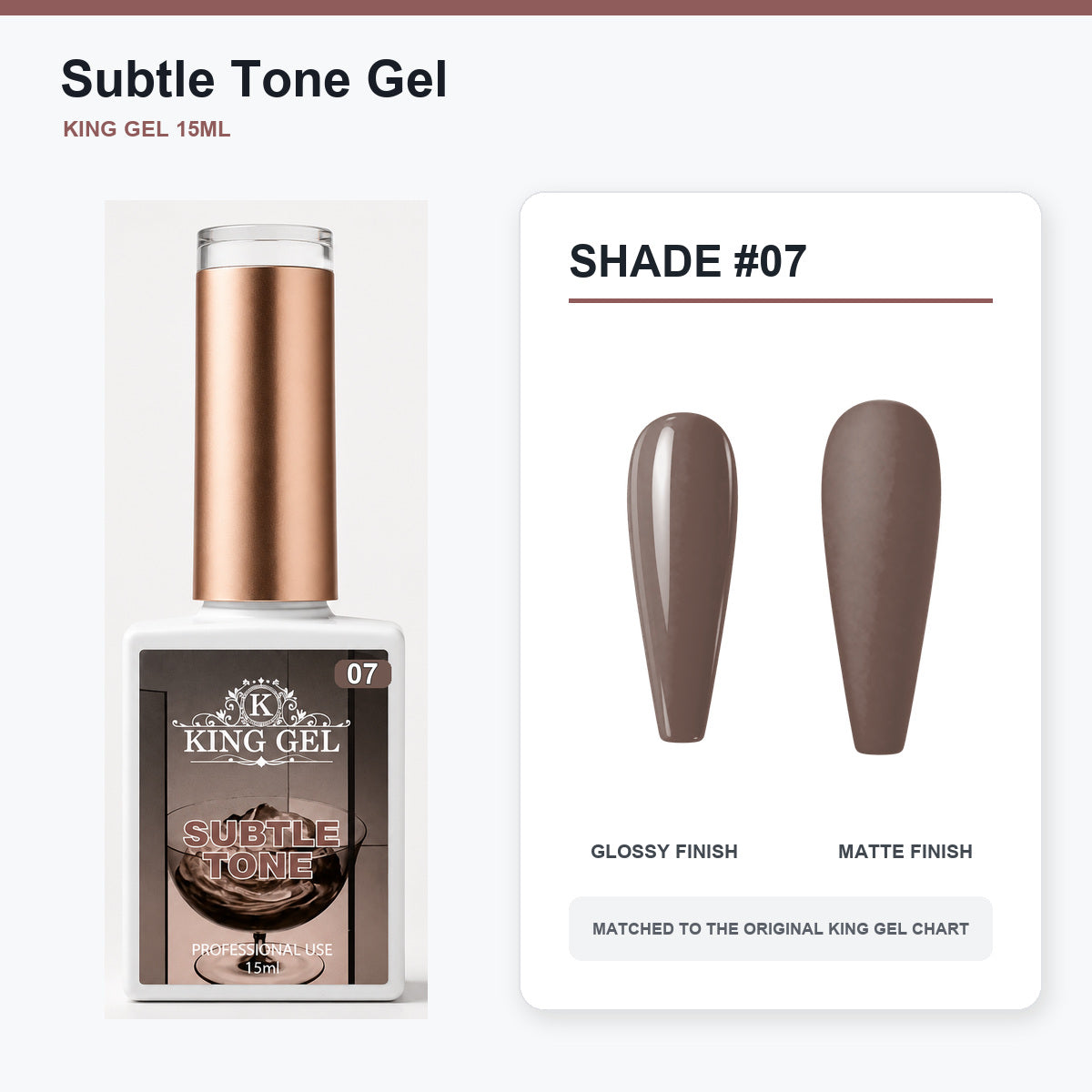 40 Colors Subtle Tone Gel Collection - KingGel Brand - Shade 7 bottle and chart-matched color - Studio V2