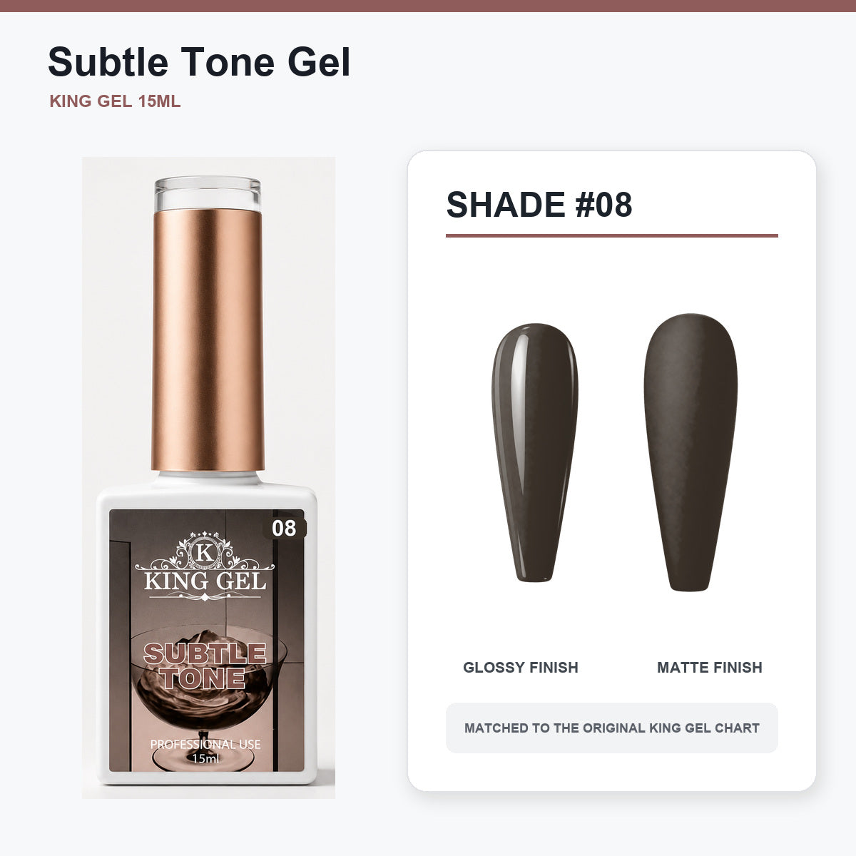 40 Colors Subtle Tone Gel Collection - KingGel Brand - Shade 8 bottle and chart-matched color - Studio V2