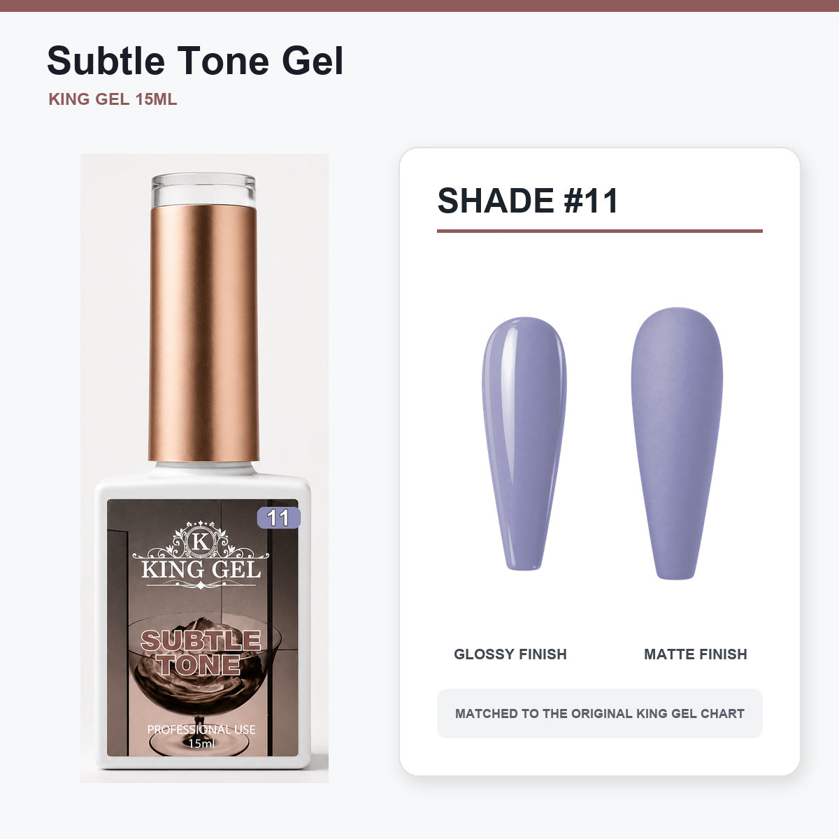 40 Colors Subtle Tone Gel Collection - KingGel Brand - Shade 11 bottle and chart-matched color - Studio V2