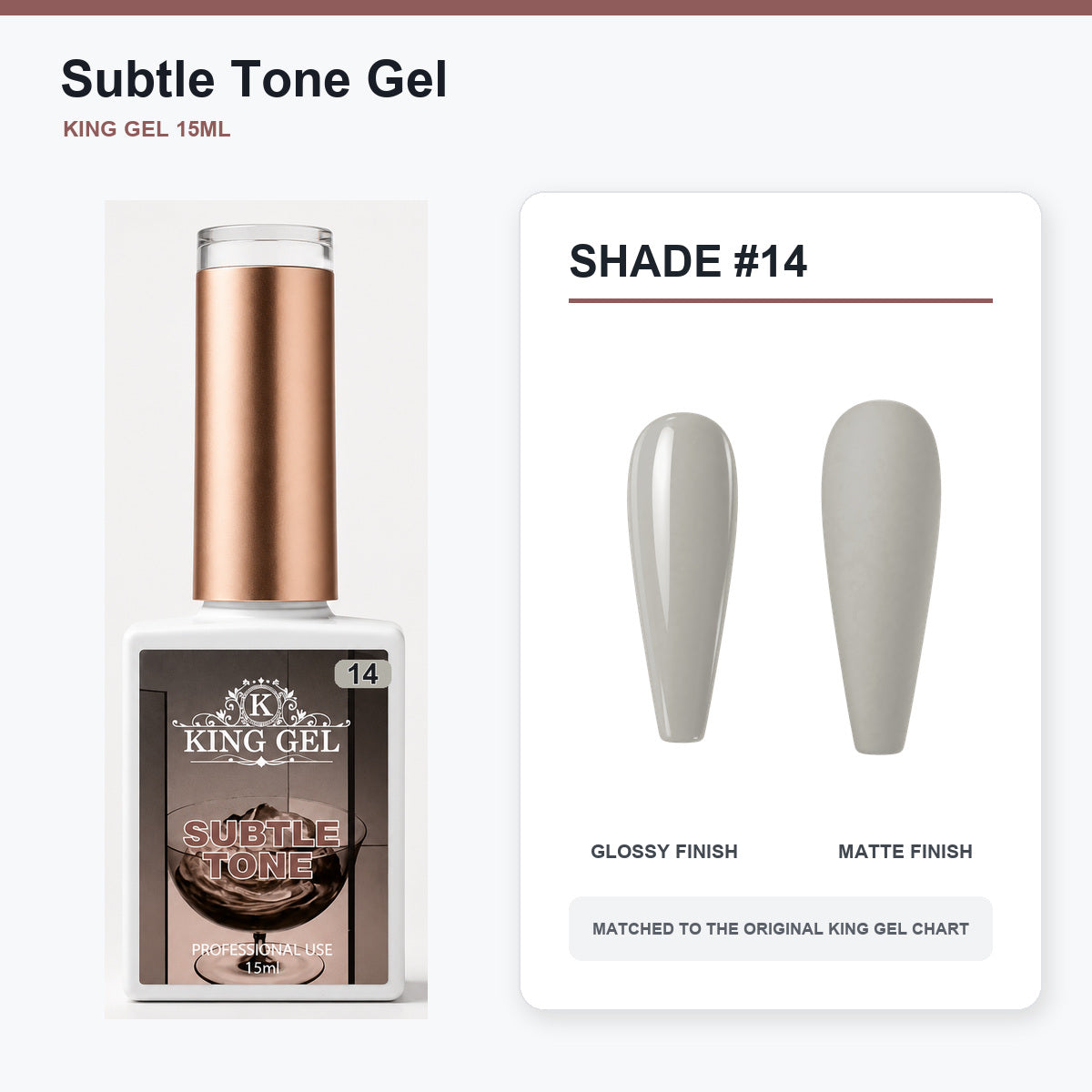40 Colors Subtle Tone Gel Collection - KingGel Brand - Shade 14 bottle and chart-matched color - Studio V2