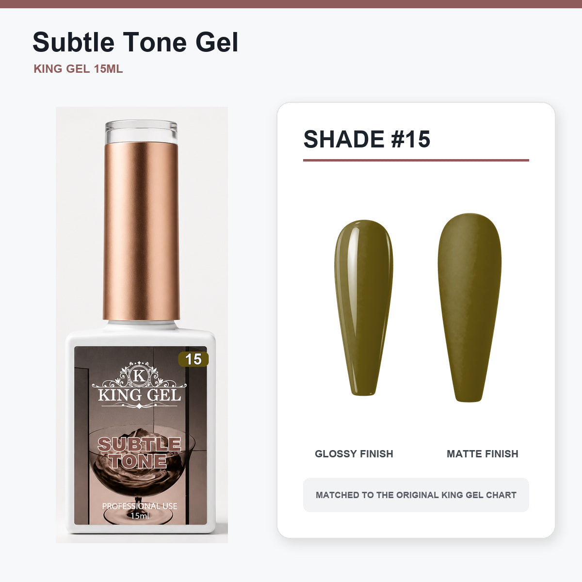 40 Colors Subtle Tone Gel Collection - KingGel Brand - Shade 15 bottle and chart-matched color - Studio V2