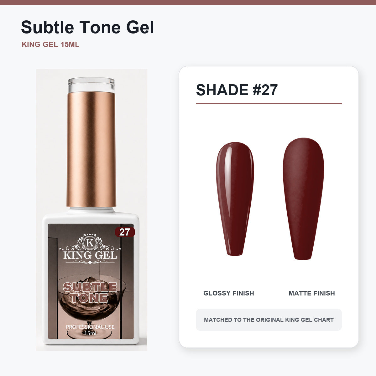 40 Colors Subtle Tone Gel Collection - KingGel Brand - Shade 27 bottle and chart-matched color - Studio V2