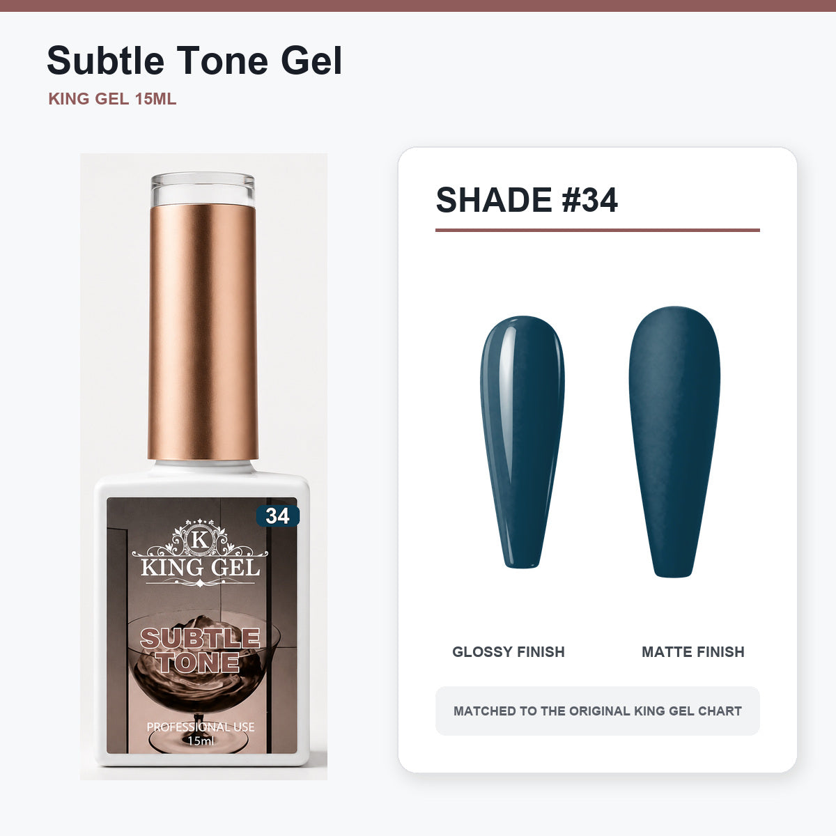 40 Colors Subtle Tone Gel Collection - KingGel Brand - Shade 34 bottle and chart-matched color - Studio V2