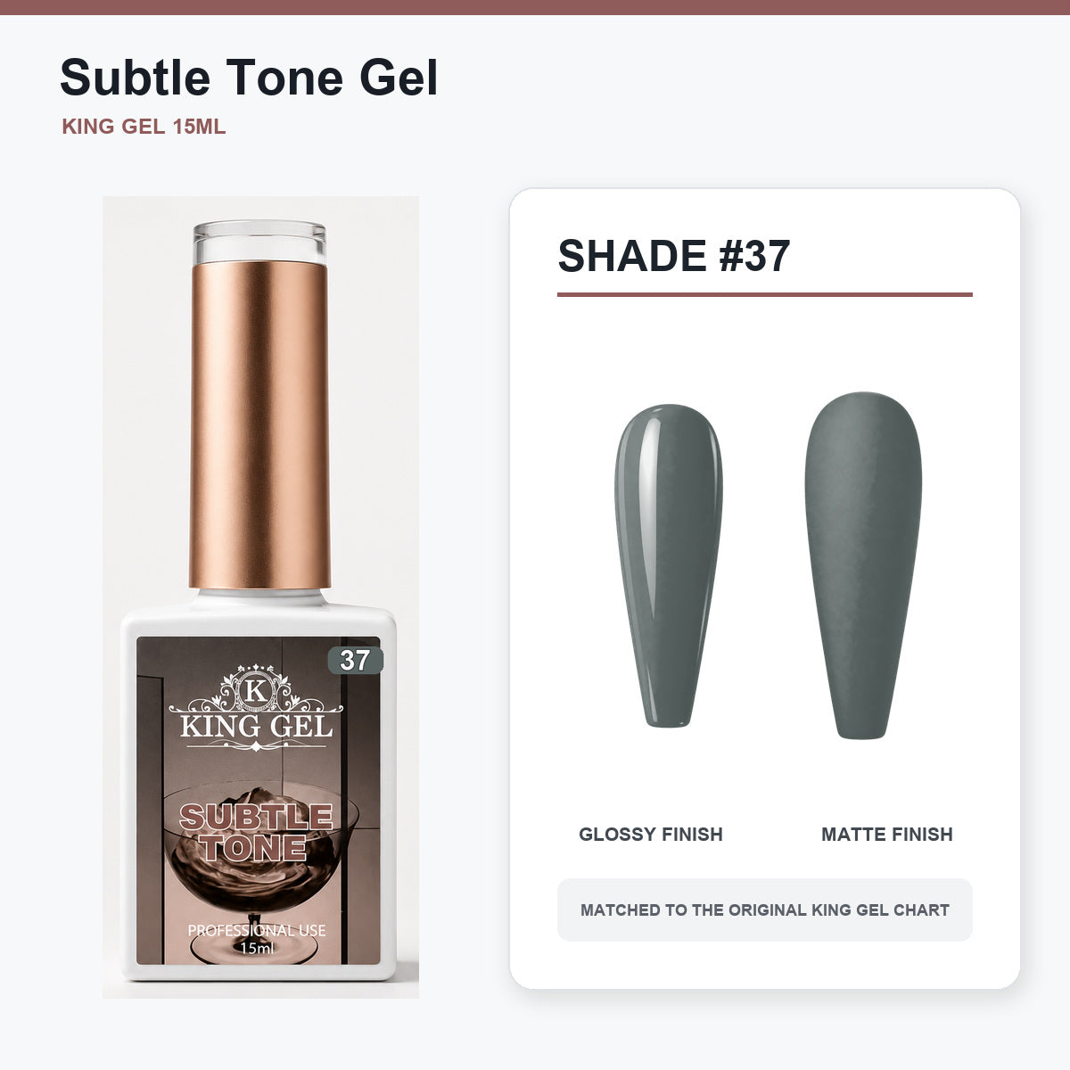 40 Colors Subtle Tone Gel Collection - KingGel Brand - Shade 37 bottle and chart-matched color - Studio V2