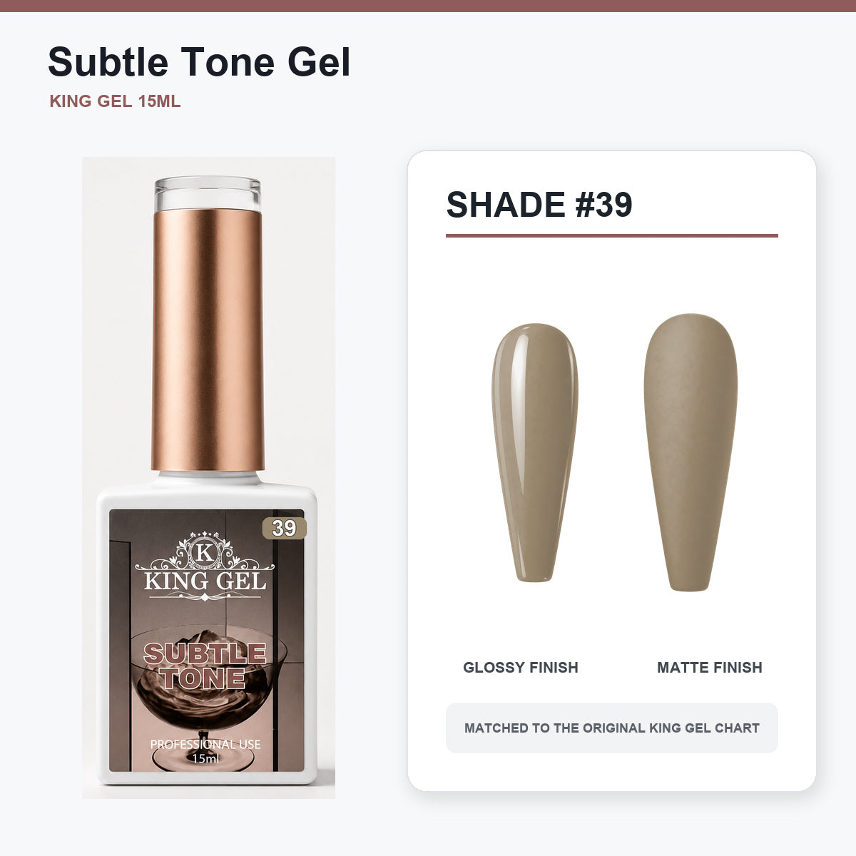 40 Colors Subtle Tone Gel Collection - KingGel Brand - Shade 39 bottle and chart-matched color - Studio V2