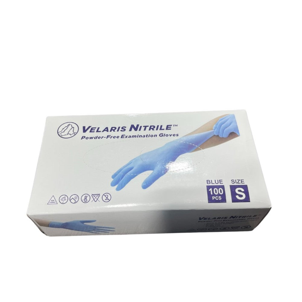 Velaris blue nitrile gloves, size Small; 100-piece inner box shown, case contains 1,000 gloves