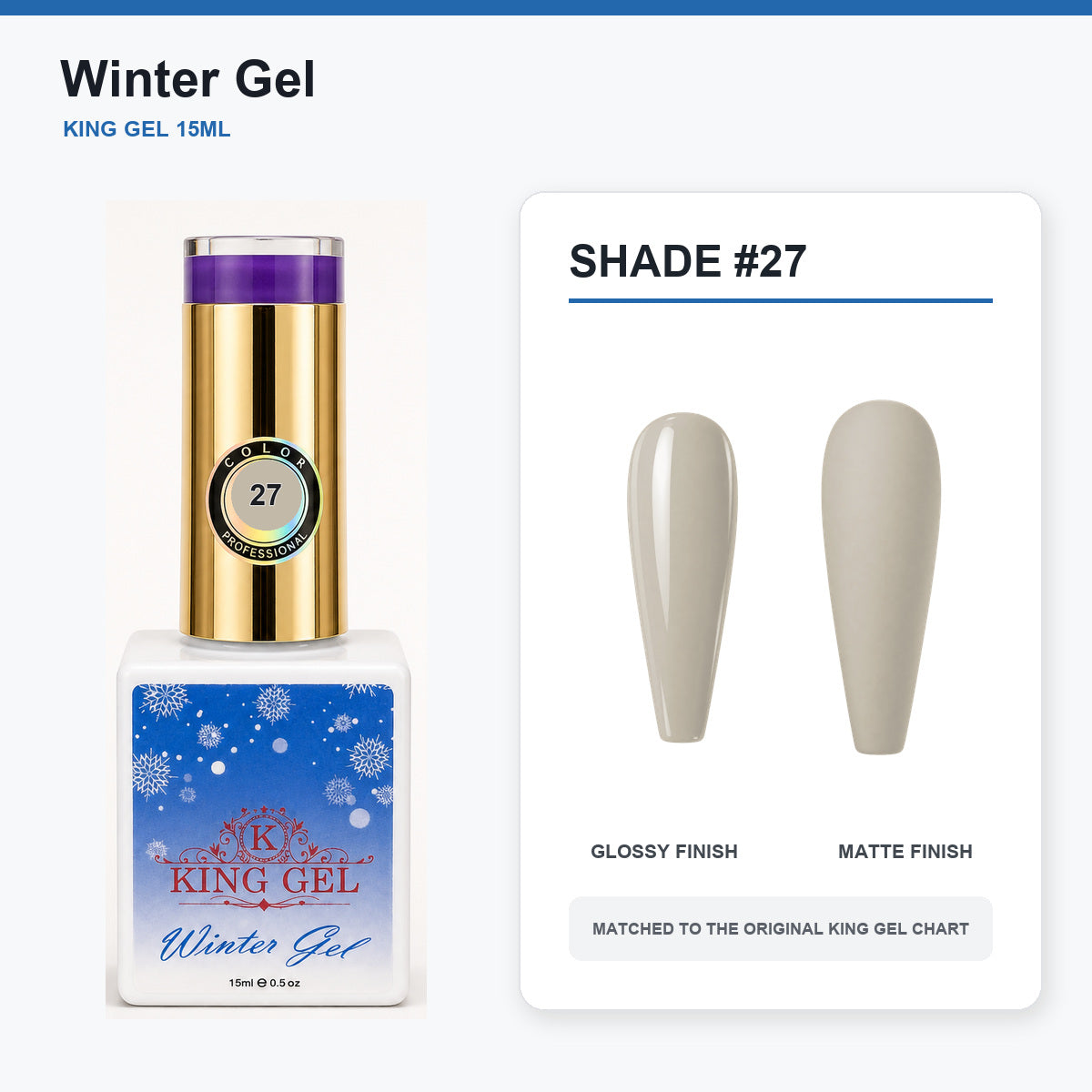 48 Colors Winter Gel Collection - KingGel Brand - Shade 27 bottle and chart-matched color - Studio V2